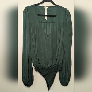 Free People Intimately Smockin' and Rockin' Bodysuit Green Balloon Sleeve Size S